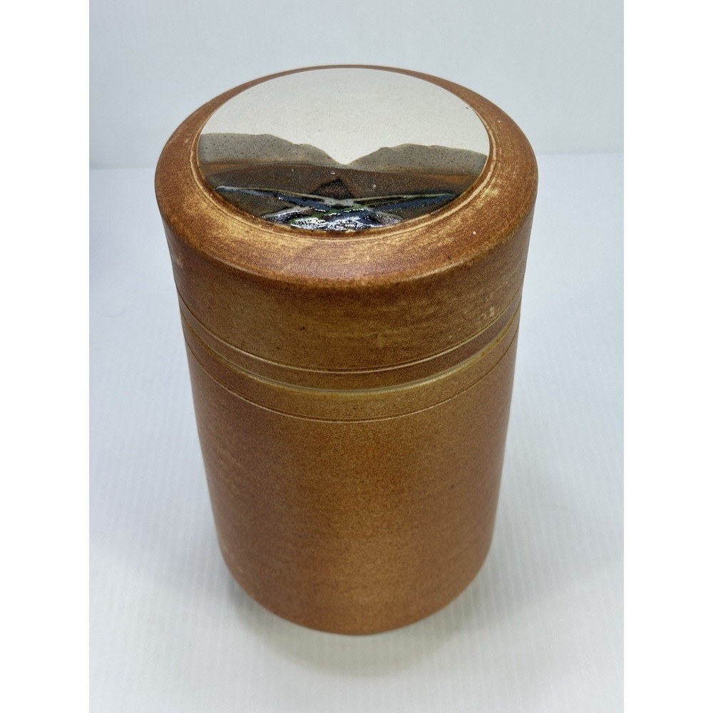 Vintage‎ Studio Art Pottery Lidded Jar Landscape Lid Stoneware Signed Rustic